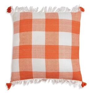 NEW! Orange Cotton Gingham Buffalo Plaid Throw Pillow Tassels Farmhouse Country